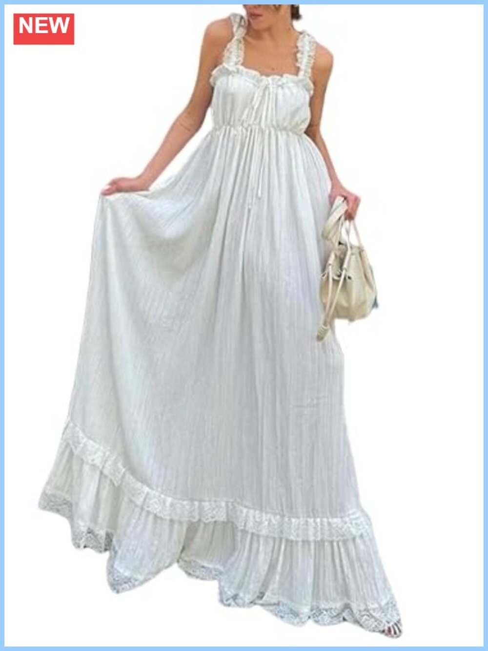 Women White Tiered Cami Long Dress Lace Trim Flowy Maxi Sundress